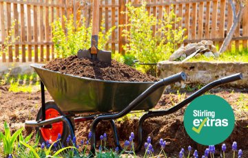 Image of a wheelbarrow in a lush green garden filled with soil and a shovel